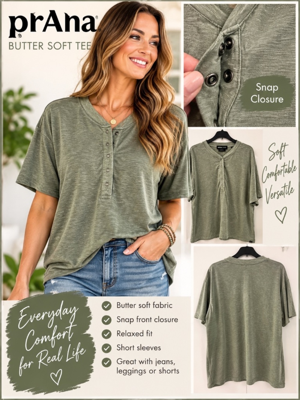 prAna Olive Green Butter Soft Snap Front Tee | Size L